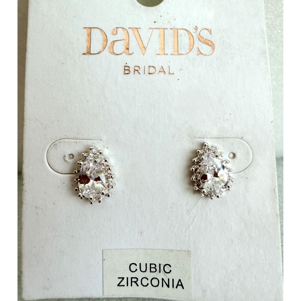 DAVID’S BRIDAL CZ HALO TEARDROP STUD EARRINGS SILVER TONE NWT New on the origin